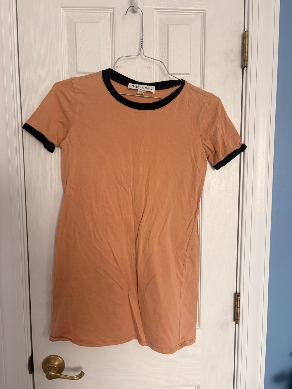 Peach Short Sleeve Ringer Mini Dress with Black Trim